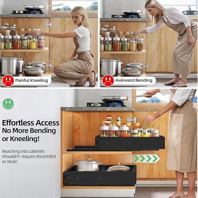 Expandable Pull Out Cabinet Organizer, Adjustable Width 12"-19" & Depth 16.5"-22", 4-Side Extension, 5 Slide Rails for Heavy Duty Use, Adhesive Roll Out Shelves for Kitchen Cabinets, Black 1PCS