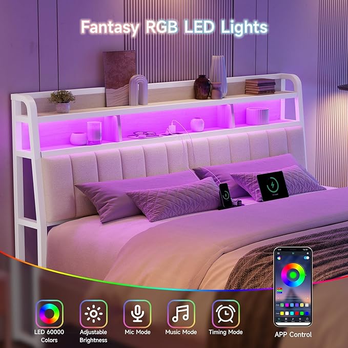 Ergonomic Headboard for King Size Bed with 2-Tier Storage, Upholstered Headboards with Outlets, USB Ports, LED Light, King Head Board Only, Height Adjustable, Sturdy and Stable, White