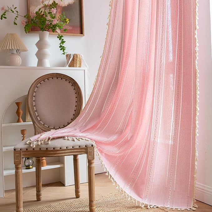 Linen Boho Curtains Cute Embroidered Pink Curtains for Girls Bedroom Nursery Room 84 Inches Long 2 Panels Light filtering Farmhouse Curtains for Living Room Rod Pocket Drapes (52" W x 84" L,Pink)