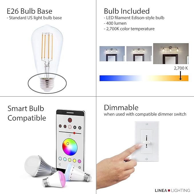 Linea di Liara Lucera Farmhouse Chrome Wall Sconce Wall Lighting Fixture Vanity Wall Sconce Lights Bathroom Sconces Wall Lights for Hallway, Bulb Included, UL Listed