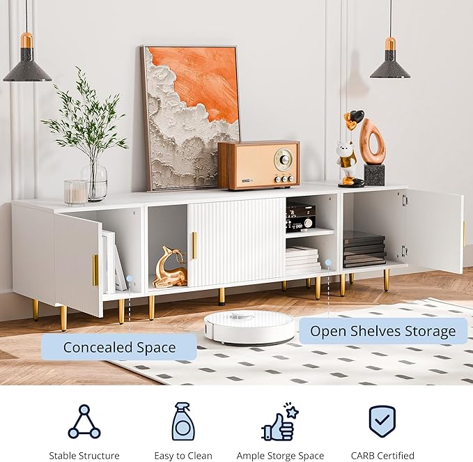 Cozy Castle 75" Modern Fluted Stand for TV up to 80", Mid Century Entertainment Center with Storage and Open Shelves, Media Console for Living Room, Bedroom, White