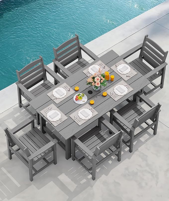 SERWALL 8-Piece Patio Dining Sets with 15FT Double Side Patio Umbrella, Outdoor HDPE Dining Furniture Set with Umbrella Hole Cut-Out Table and 6 Chairs, Gray(Umbreall Base not Included)
