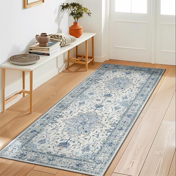 Area Rugs 2'x6' Washable Non-Slip, Floral Vintage Distress Print Pattern Medallion Carpet for Living Room Bedroom Dining Room, Light Blue Navy Beige Gray White