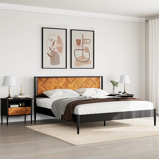 Lenia 14-Inch Queen Size Platform Bed Frame with Headboard – Heavy Duty Acacia Wood, Mid-Century Modern Style, 12 Slats for Support, No Box Spring Needed, Noise-Free, Easy Assembly, Teak Brown