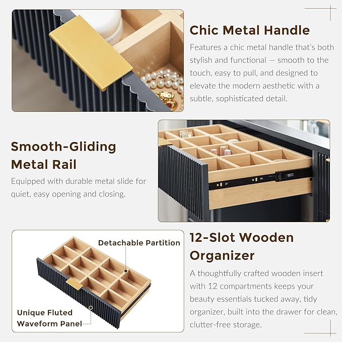 T4TREAM 48" Fluted Makeup Vanity Desk with 48" Large Mirror and HD LED Lights, Modern Vanity Table with 9 Drawers & Charging Station, Glass Top and Golden Handles Dressing Table for Bedroom,Dark Grey