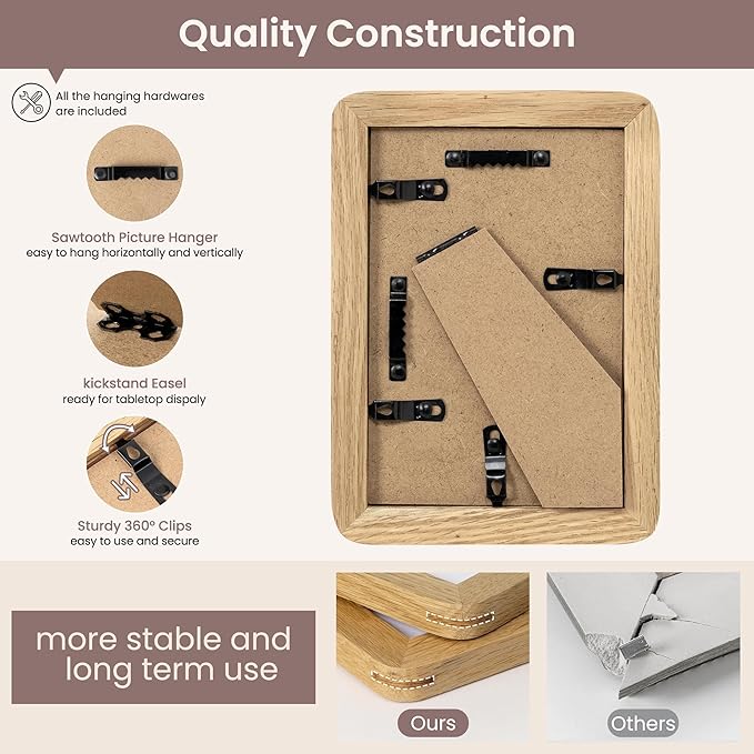 4x6 Picture Frame - Solid Oak Wood Frame 4x6 with Mat for 3.5x5, 4''x6''Photo Frame,Tabletop and Wall Display, Hanging Hardware Included, 4 By 6 Picture Frame Wood, Natural Oak