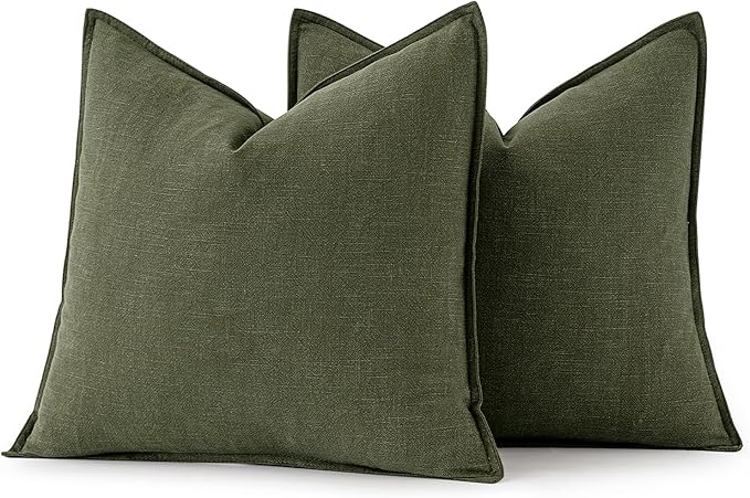 MIULEE Decorative Linen Euro Sham Pillow Covers 26x26 Dark Olive Green Boho Farmhouse Neutral Couch Throw Pillows for Bed Pack of 2 Accent Modern Pillowcase Sofa Livingroom Home Decor