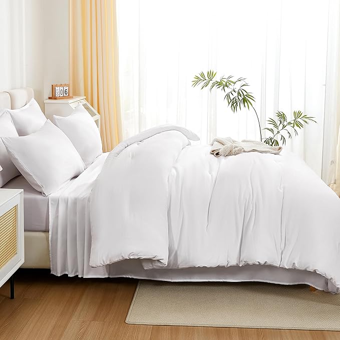 Litanika Comforter California King Size Set White - 7 Pieces Bed in a Bag California King Bedding Comforter Sets, Plain Lightweight Bed Set with Comforter, Sheets, Pillowcases & Shams