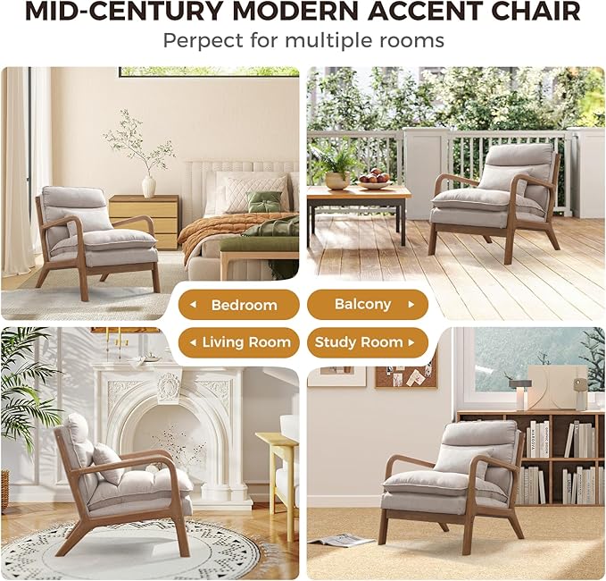 Phoenix Home Accent Chair Mid Century Lounge Chair PU Leather, Upholstered Reading Armchair with Lumbar Pillow & Solid Wood Frame for Office, Living Room Bedroom, Balcony, Beige