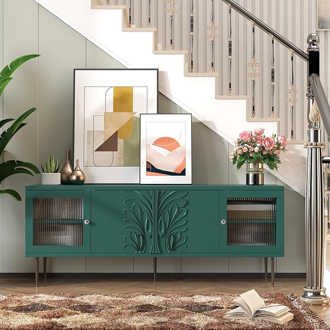 TV Stand for TVs up to 75 Inches, Mid Century Modern Entertainment Center with 3D Flower Pattern, Wood Media Console with 2 Fluted Glass Doors, Storage Cabinet for Living Room, Green
