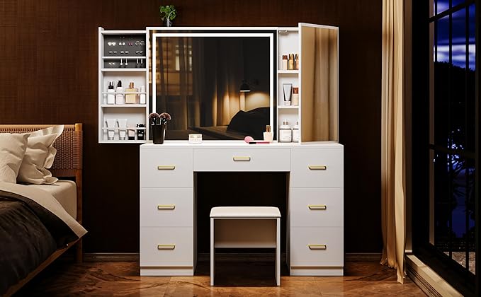 Vanity Set with Lighted Mirror, Makeup Vanity Table with 7 Drawers & Cushioned Stool, Dressing Table with Sliding Cabinet, Vanity Desk with Hidden Storage Shelves & Jewelry Rack, for Bedroom