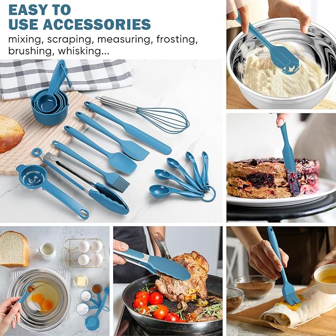 E-far 25PCS Mixing Bowls with Lid Set, Stainless Steel Nesting Prep Bowls with Grater Attachments Non-Slip Bottoms for Cooking, Baking, Serving, Food Storage, 4.6/2.6/2/1.5/1/0.7QT - Blue
