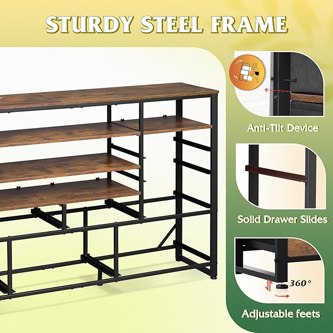 WLIVE TV Stand for 55, 60, 65 inch TV, Entertainment Center with LED Lights & Charging Station, TV Media Console Table with 15 Fabric Drawers and Open Shelves for Living Room, Hallway, Rustic Brown