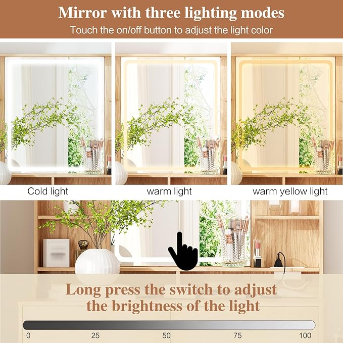 Large Makeup Vanity Desk with Mirror and Lights, Vanity Desk with 8 Drawers & Storage Shelves, Vanity Table with Power Outlet, 3 Color Modes & Adjustable Brightness Dressing Table, Bedroom,Oak