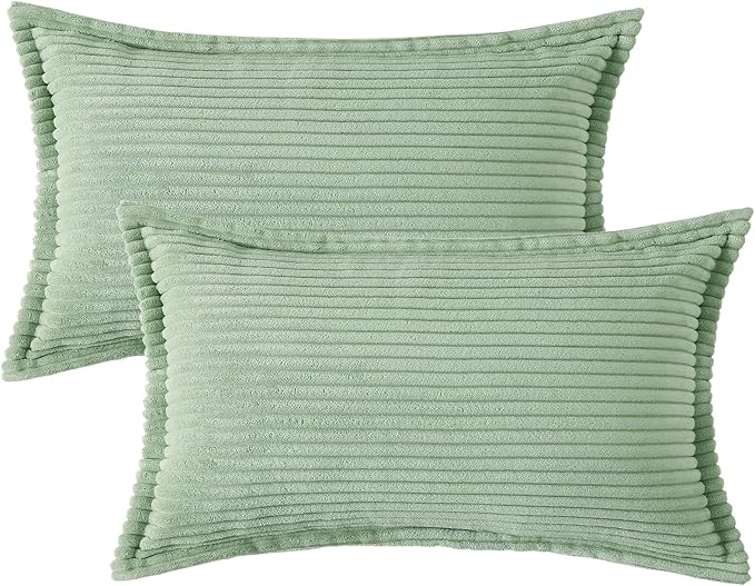Mecatny Corduroy Throw Pillow Covers 12x20 Set of 2, Neutral Decorative Soft Boho Lumbar Couch Pillow Covers with Broadside for Sofa Living Room, Sage Green