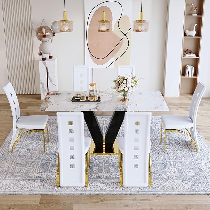 71'' Dining Table Set for 6,Modern Dining Room Table Set for 6,Marble Dining Table with 6 PU Leather Dining Chairs,Gold Dining Room Table with Glossy V-Shaped Base Ideal for Kitchen