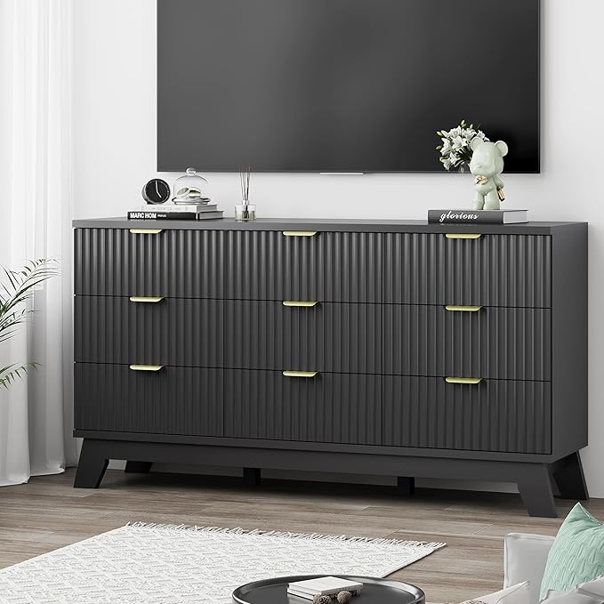 Fluted Dresser for Bedroom with 9 Drawers, 57" Wide Chest of Drawers with Metal Handle, Modern Wood Dresser TV Stand, Wooden Closet Clothes Storage Organizer for Living Room, Hallway, Black