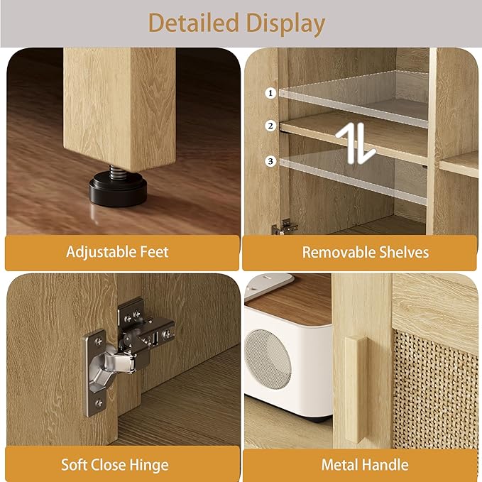 Rattan TV Stand for TVs up to 65'',Boho Entertainment Center with Adjustable Shelves, Mid Century Modern Media TV Console Cabinet with Rattan Doors for Living Roon Bedroom Natural LTV91Y