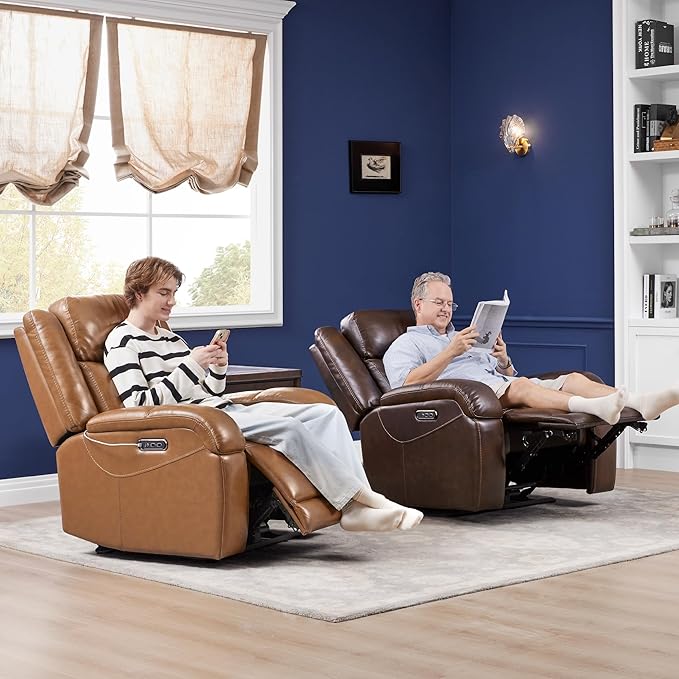 Watson & Whitely Genuine Leather Power Recliner Chairs for Adults, Wall Hugger RV Recliner with Power Headrest & Charging Ports, Electric Recliner Sofa Chair for Living Room, Saddle Brown