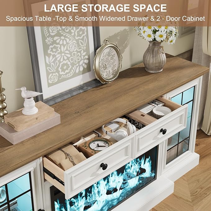 Fireplace TV Stand Up to 80" TVs, 70'' Modern Entertainment Center with 36" Electric Fireplace & LED Lights, Farmhouse Media Console with Storage Cabinet & Drawer for Living Room, Antique White