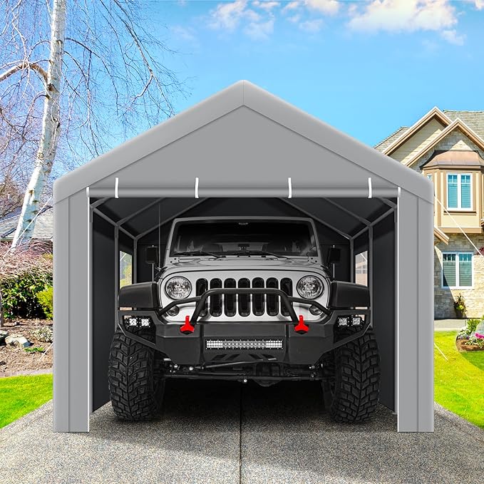 COBIZI Carport Canopy 12x20 Heavy Duty Portable Garage with Removable Sidewalls & Doors, Galvanized Frame Car Port Canopy Tent Waterproof with Built-in Sandbags for Car Boat Truck, Gray