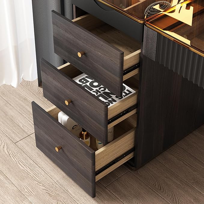 Lartis Vanity with Mirror and Lights Makeup Vanity Table with Stool, 47 inch Black Dressing Table with Dimmable LED Mirror, Ample Storage, Convenient Power Access, Easy Assembly