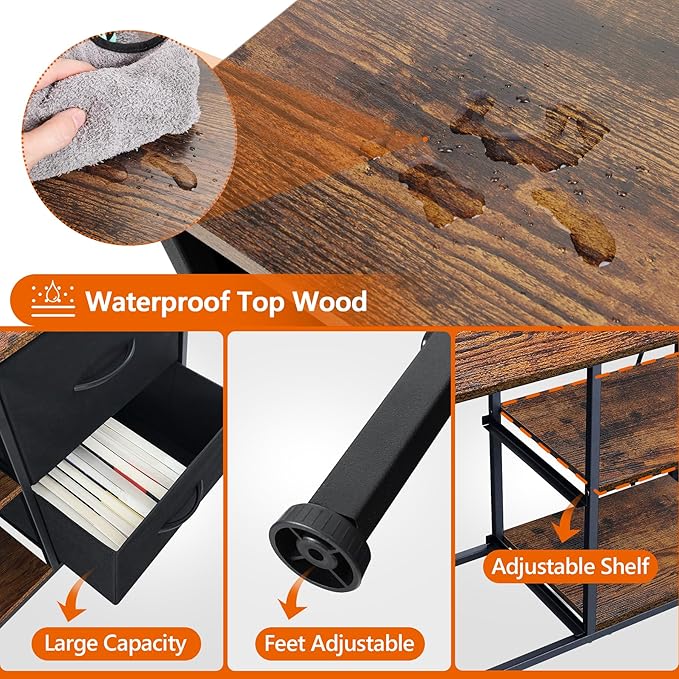 TV Stand for Bedroom, Television Stand for TV up to 46 Inch Entertainment Center Dresser with 4 Drawers Open Storage Shelves for Living Room, Entryway (Black and Rustic Brown)