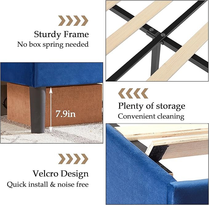 VECELO Queen Bed Frame, Platform Bed Frame with Adjustable Height Upholstered Headboard, Heavy-Duty Frame and Strong Wooden Slats Support, Non-Slip and Noise-Free, Easy Assembly, Dark Blue