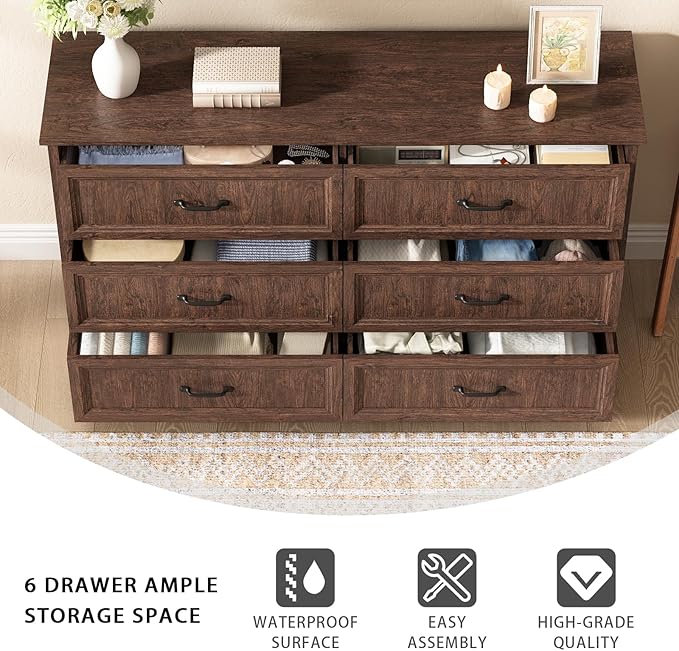 CARPETNAL Farmhouse Dresser and Nightstand Sets for Bedroom, 3 Pcs Bedroom Set, 6 Drawer Dresser & Nightstand Set of 2, Modern Wood Chest of Drawers for Bedroom, Living Room, Entryway, Brown