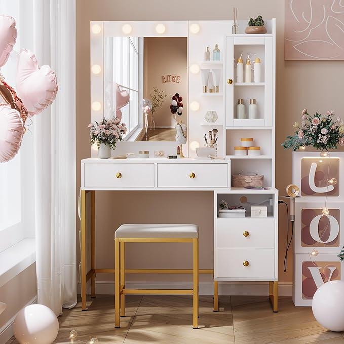 KAMABOKO Vanity Desk with Mirror, LED Lights and Power Outlet, Makeup Vanity Table with Glass Display Cabinet and 4 Drawers, Dressing Table with Stools for Bedroom (White)