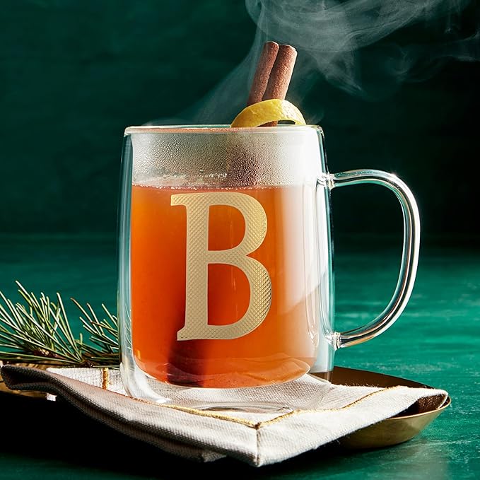 COLLECTIVE HOME - Double Walled Glass Coffee Mugs, Insulated Coffee Mug with Handle, Personalized Gifts for Women, Men, Christmas, 14 oz Monogram Cups (B)