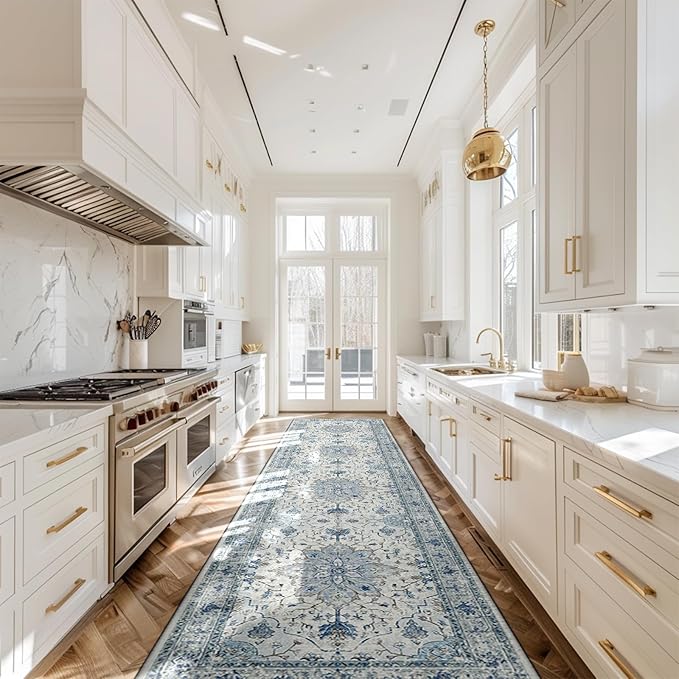 Area Rugs 2'x10' Washable Non-Slip, Floral Vintage Distress Print Pattern Medallion Carpet for Living Room Bedroom Dining Room, Light Blue Navy Beige Gray White