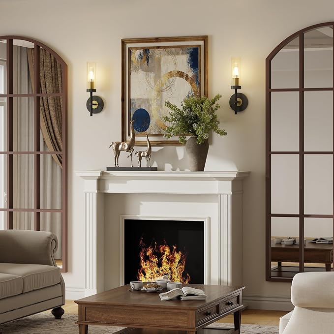 Wall Sconces Set of 2 (with 2 Bulbs), Modern Bathroom Wall Sconces Lighting with Thickened Glass, Hardwired Wall Mount Light Fixtures for Bathroom, Bedroom, Hallway, Living Room(Black & Gold)