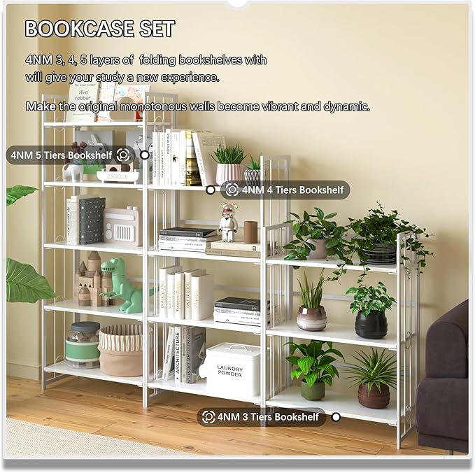 4NM No Assembly 5 Tiers Folding Bookshelf, 59.4" H Foldable Storage Shelves Vintage Bookcase Standing Racks Study Organizer Home Office - All White