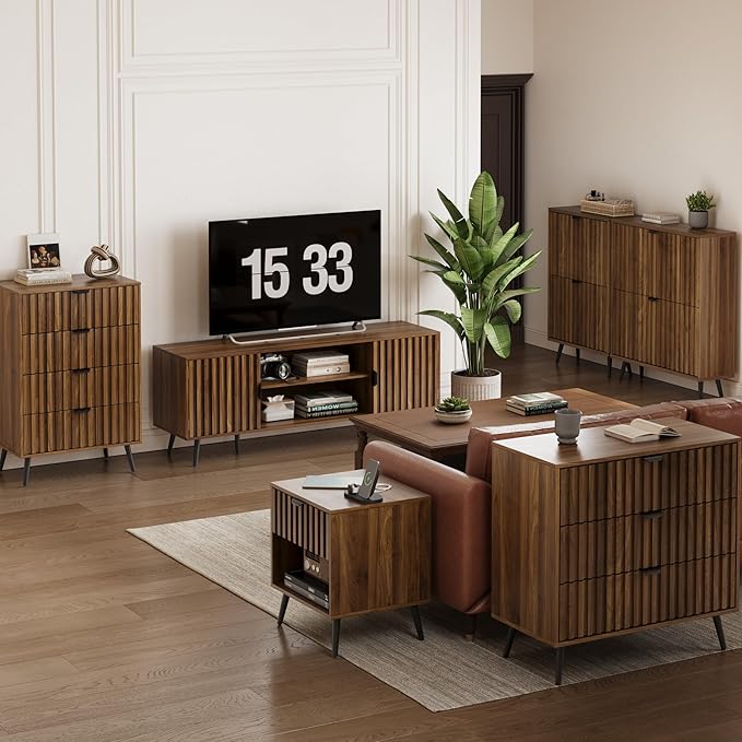 63" Walnut Fluted TV Stand with 2 Cabinets and Adjustable Shelf, Media Console Fits 30" to 70" TV for Living Room, Mid Century Modern Entertainment Center for Bedroom