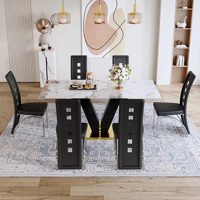 71'' Dining Table Set for 6,Modern Dining Room Table Set for 6,Marble Dining Table with 6 PU Leather Dining Chairs,Gold Dining Room Table with Glossy V-Shaped Base Ideal for Kitchen