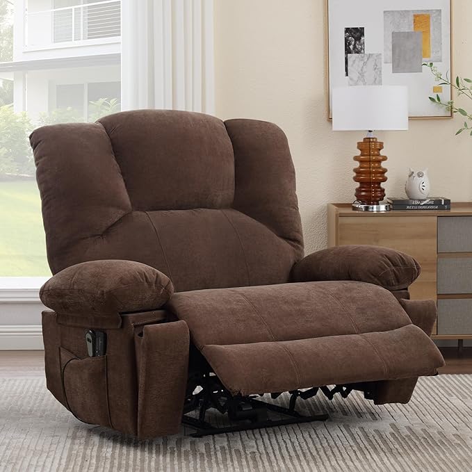Oversized Power Recliner Chair 350lb with Hidable Cup Holders, Extra Wide Large Big Electric Recliner Chair with Lumbar Support Pillow Nursery Chair Living Room (Power, BROWN-6001)