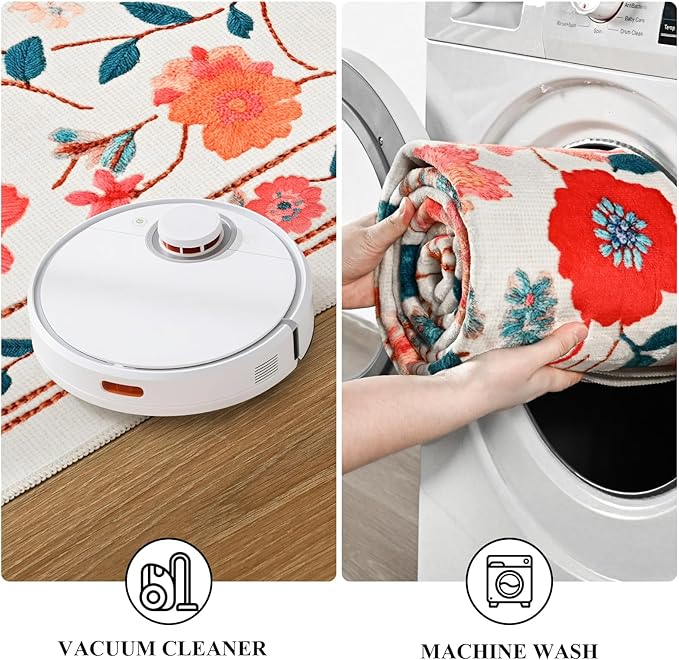 Living Room Rug 6x9 Rug, Machine Washable Area Rug Non Slip Low Pile Floral Rug for Living Room, Bedroom, Farmhouse, Dining Room, Kids Playroom, Beige