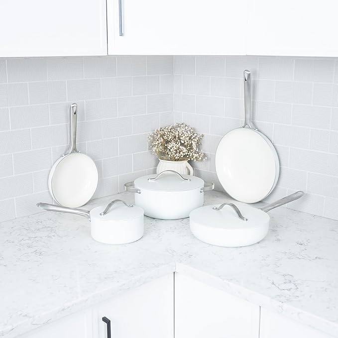 Alva Mobi 8-Piece Ceramic Cookware Set – PFAS-Free, Nonstick & Non-Toxic – Oven & Induction Safe – Scratch-Resistant, Diamond-Reinforced, Dishwasher Safe – Elegant Cannoli Cream