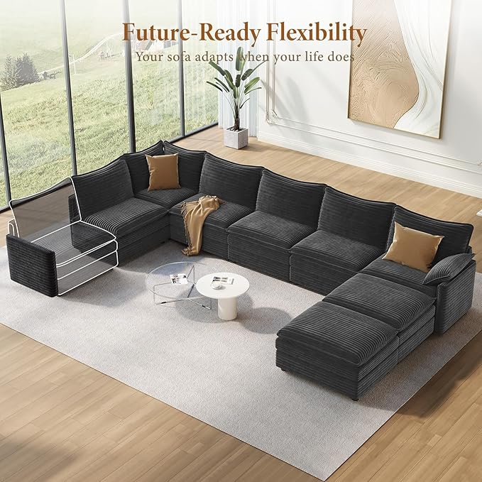 Vesgantti Large Modular Sectional Sofa, Big Comfy Cloud Couch with Ottoman Deep Seat Corduroy Cloud Sofa, 8 Seater Large Sectional Couches for Living Room, Bedroom and Apartment, Gray