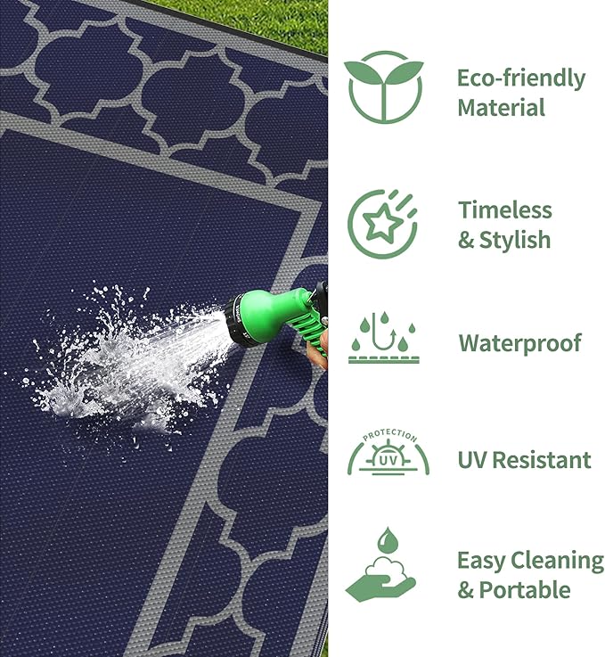 GENIMO 2.5 ' x 8 ' Outdoor Rug for Porch Patio Clearance, Waterproof Indoor Outdoor Plastic Straw Rugs Carpet, Reversible Outside Area Rv Mat for Camping, Balcony, Deck, Picnic, Beach (Blue & Gray)