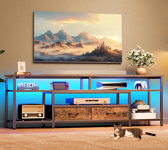 Huuger TV Stand for 65, 70 Inch TV, Entertainment Center with Power Outlets and LED Lights, TV Console for Living Room, Media Console with Drawers and Shelves, Rustic Brown