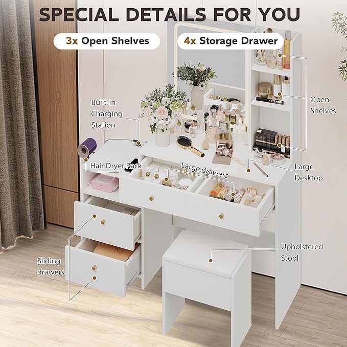HAOBO Home Vanity Desk with Mirror and Lights, Makeup Vanity with Stool and Drawers Dressing Table with Power Outlet for Bedroom