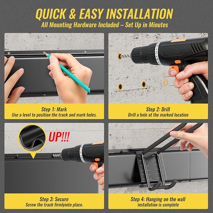 Garage Tool Rack Wall Mount – 64 inches Heavy-Duty Garden Tool Holder with 8 Adjustable Hanging Hooks – Garage Wall Storage Organizer for Shovel, Rake – Max Load 720 lbs (64 inch)