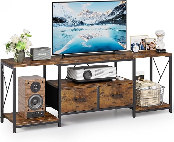 Homeiju TV Stand for TVs up to 75 Inch, Entertainment Center with Fabric Drawers, TV Media Console Table with Open Storage Shelves for Living Room, Bedroom, Rustic Brown