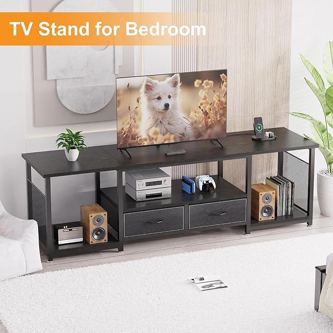 TV Stand with Drawers and Power Outlets for 75 70 65 Inch TV, Entertainment Center with Open Storage Shelves, Industrial Media TV Console Table for Living Room Bedroom Office, Black