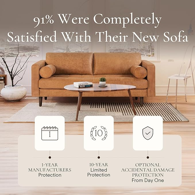 Poly & Bark Napa Leather Couch - 72 Inch Apartment Sofa with 2 Bolsters - Full-Grain Leather Sofa for Living Room with Feather-Down Topper - Living Room Couch - Vintage Italian Leather in Cognac Tan