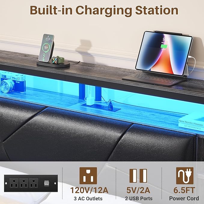 Upholstered Queen Size Headboard with Charging Station and Smart RGB LED Light, Queen Bed Head Board with Storage Shelf, Sturdy and Solid Headboards for Bedroom, Guest Room, Dorm, Black Oak