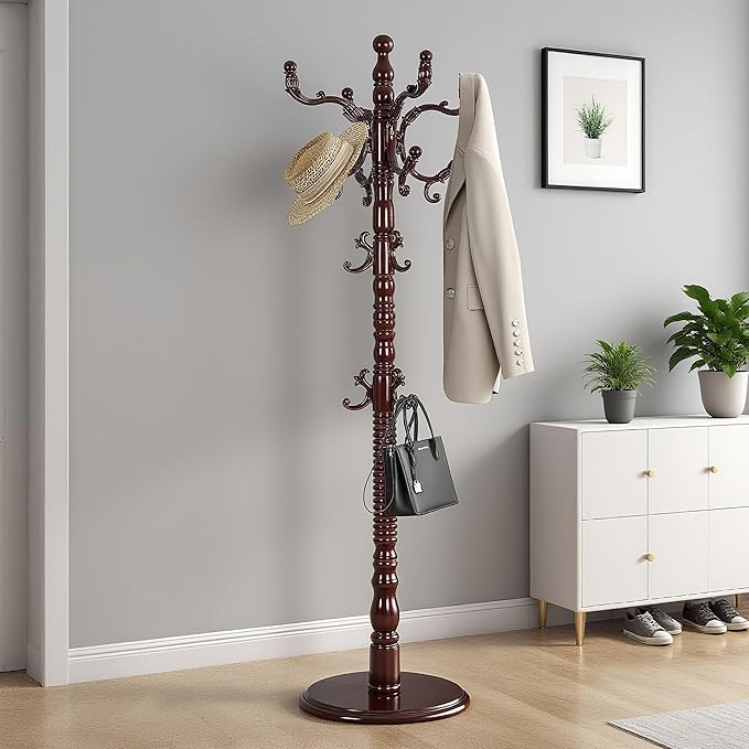 73”Vintage Wooden Coat Rack Freestanding With 14 Hooks and Sturdy Round Base。3-level Adjustable Vintage Wooden Coat Rack.Coat Rack Stand for Living Room Bedroom Office