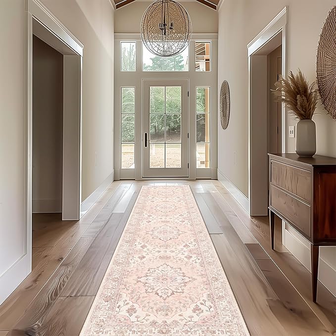 Area Rugs 2'x10' Washable Non-Slip, Floral Vintage Distress Print Pattern Medallion Carpet for Living Room Bedroom Dining Room, Pink Greypink Cute